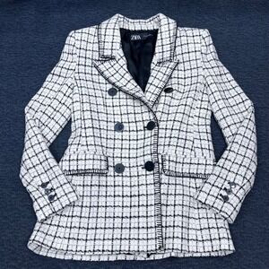 Zara Womens Double Breasted Plaid Tweed Blazer White Black Contrast Stitch M